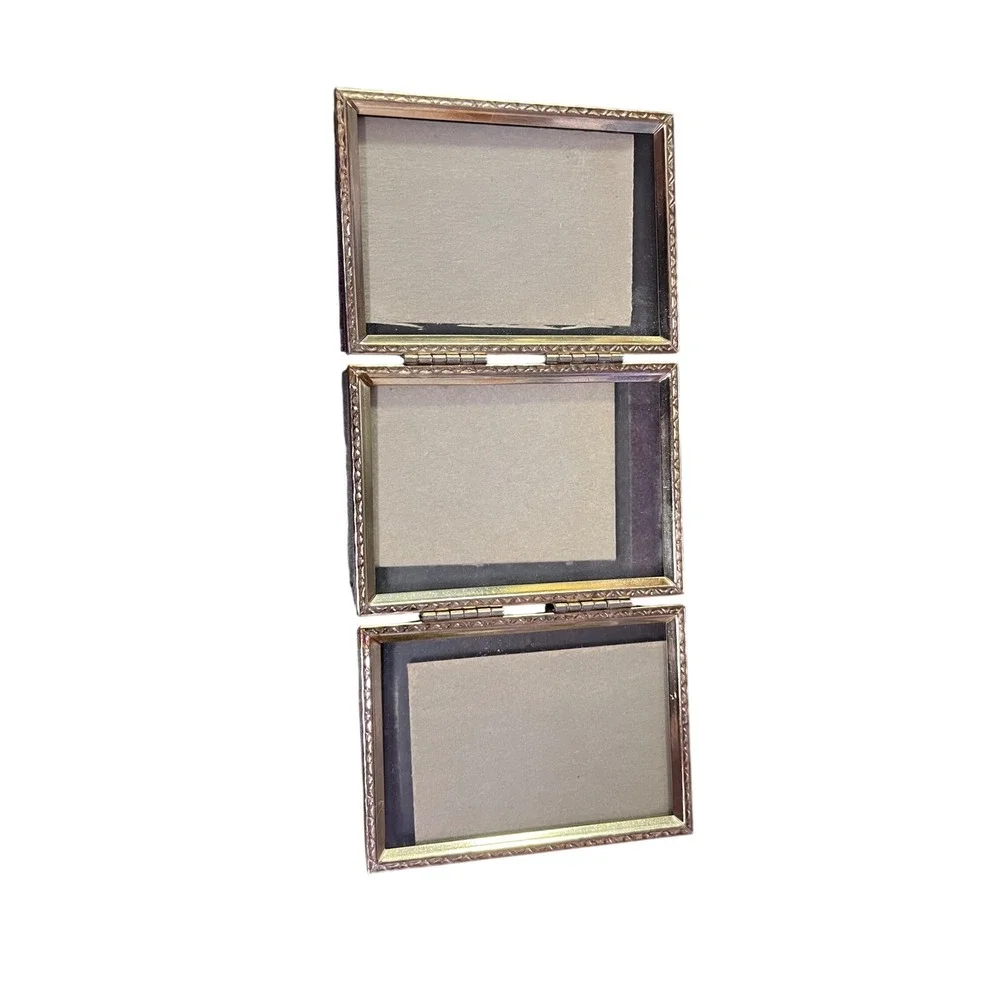 Vintage Tri Fold Gold Tone Photo‎ Frame Ornate Tabletop Display
